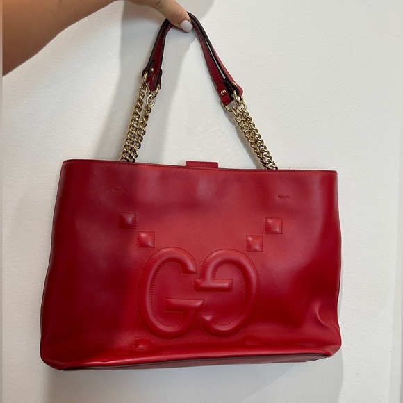Gucci Apollo GG embossed red leather tote bag purse gold chair strap 11.75x6.75” - Picture 6 of 16